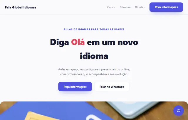 Captura da parte inicial da demonstração do modelo Escola de idiomas