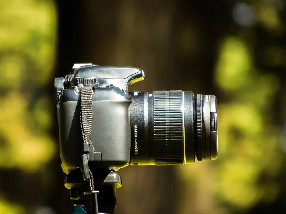 Câmera DSLR com lente macro em close-up ao ar livre
